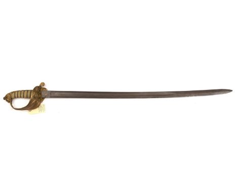 A Vic R Naval officer's service sword,  plain slightly curved, fullered blade, 31?, brass hilt, the guard incorporating Vic c