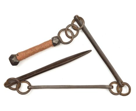 A scarce Chinese iron whipping chain kau sin ke. Probably late19th century, extended length 100cms comprising cord bound hand