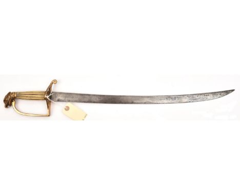 A late 18th century US hanger, slightly curved flat blade 22", gilt brass stirrup hilt with sideloop incorporating 4 pointed 
