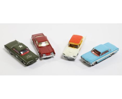 4 Corgi Toys American Cars. Oldsmobile Super 88 in light blue with white flashes, with red interior. Plus another, but a Mili