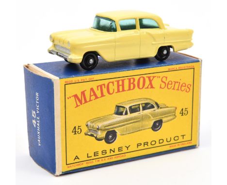 Matchbox Series No.45 Vauxhall Victor. Example in yellow with green windows, black base and black plastic wheels. Boxed. Vehi