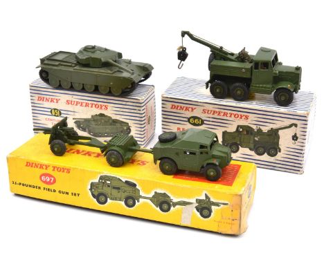 3 Military Dinky Toys. A 25-Pounder Field Gun Set (697) comprising Field Artillery Tractor, Trailer/Limber and Gun. Centurion