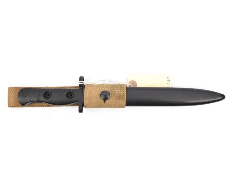 An L1A3 bayonet, fullered blade, all steel hilt, in scabbard, painted matt black overall, frog with owner's name. VGC Plate 4