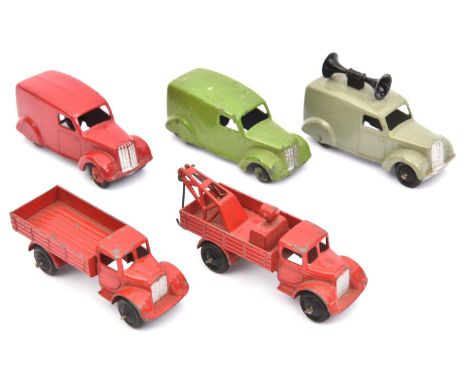 5 Dinky Toys. 22c, Motor Truck in red. 30e, Breakdown Lorry in red. 34c, Loudspeaker Van in fawn. 2x 280, Delivery Vans (exam