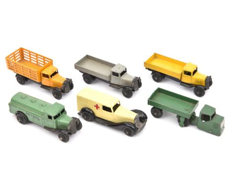 6 Dinky Toys. 25a, Wagon in grey. 25d, Petrol Tank Wagon in green. 25e, Tipping Wagon in yellow. 25f, Market Gardener's Lorry