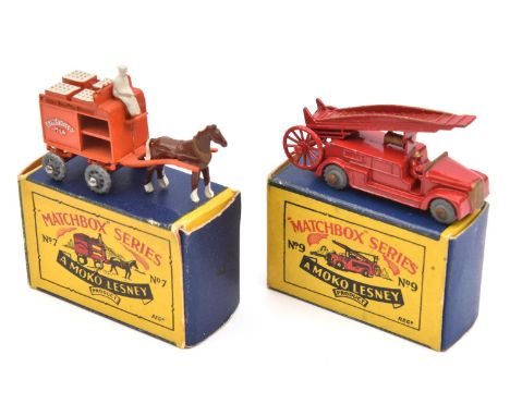 2 Matchbox Series No.7 Horse Drawn Milk Float in orange with overall white driver and grey metal wheels. Plus a No.9 Dennis F