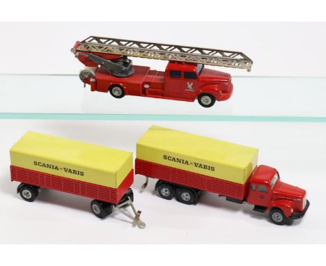 2 Danish produced Tekno Trucks. A normal control Scania Vabis 76 3 axle covered truck with similar trailer, in red and yellow