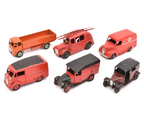 6 Dinky Toys. 25h, Streamlined Fire Engine. 31a, Trojan Van, Esso. 34b, Royal Mail Van. 36g, Taxi in maroon and black. 260, R