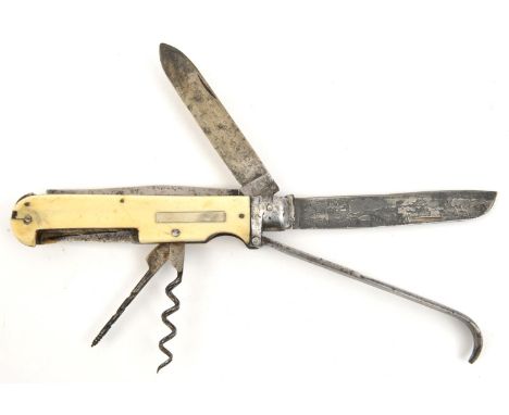 A late 19th century multi purpose clasp knife, ivory grips, with large blade 4½" (replaced), smaller blade and saw, both with