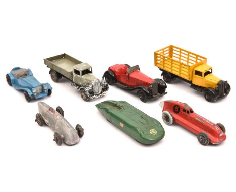 7x Dinky Toys. British Salmson Two-seater Sports Car (36e) in red with black chassis and wheels. Jaguar SS100 (38f) in light 