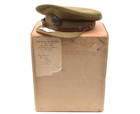 A Geo VI officer's khaki peaked cap of The R Engineers,  cloth peak, leather chinstrap, bronzed badge, in a card box. Near VG