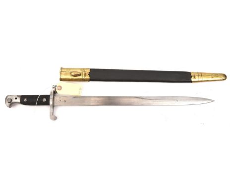 A P1887 Mk 3 Martini Henry sword bayonet,  unfullered blade, stamps at forte, oil hole in pommel, in scabbard. GC            