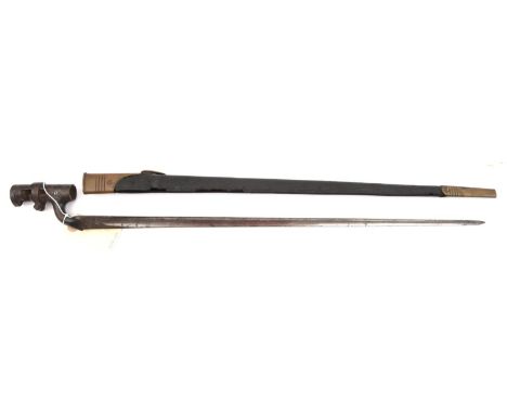 A P1876 Martini Henry socket bayonet,  WD stamps at forte, in brass mounted leather (very worn) scabbard. Bayonet GC         