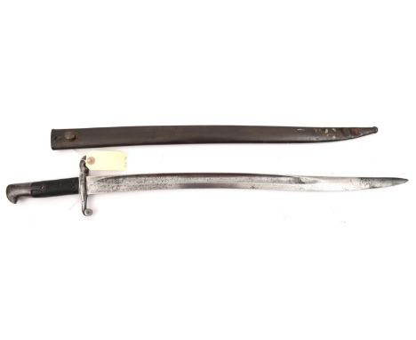 A P1856/58 sword bayonet, 3 studs to grip, stamps at forte (unclear), in steel scabbard with stud (dents at point). Basically