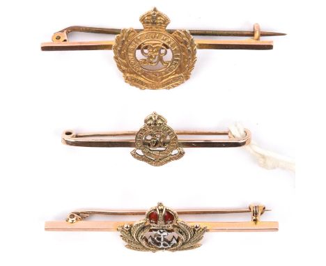 3 9ct gold sweetheart tie pins:  R Navy with red enamelled crown, Geo V RE large and small. GC 