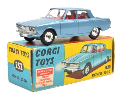 Corgi Toys Rover 2000 (252). In light metallic blue with red interior, spun wheels with black rubber tyres. Boxed, some wear 