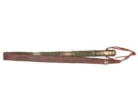 A South American gaucho's silver mounted horse whip. With 3 cylindrical mounts each with reinforced edges, pommel applied wit