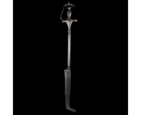 An Indian Hinu mace hoolurge or gandasa 18th or 19th century, curved single edge blade 28cms cut with 2 fullers, stepped fini