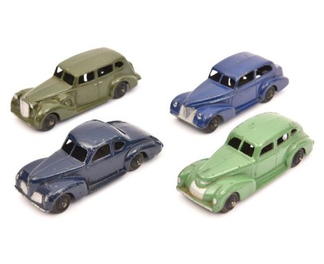 4 Dinky Toys, all 39 series. 39a, Packard in olive green. 39b, Oldsmobile in dark blue. 39e, Chrysler in light green. 39f, St