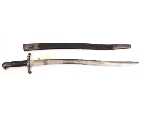 A P1856/58 sword bayonet, 3 studs to grip, no visible markings, in its leather scabbard with steel locket and chape. GC      