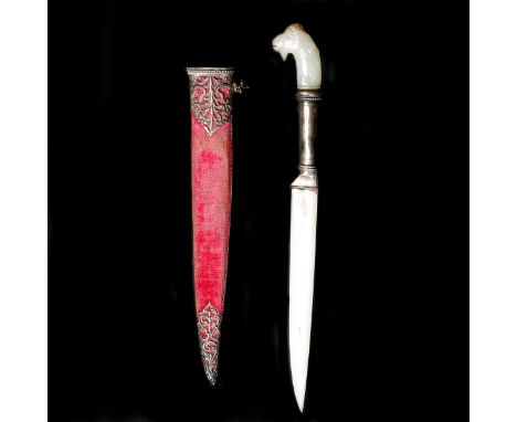 A small Indian knife c.1900. Straight SE replacement blade 11.5cms, long conical silver ferule with a jade pommel carved as a