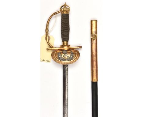 A Geo V courtsword, slender DE blade 31", etched with foliate panels, gilt hilt with turn down shell guard bearing GVR cypher
