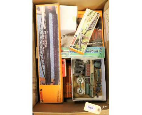 9x N gauge unmade lineside kits etc by Arnold, Heljan, Faller and Fleischmann. A turntable, Engine shed, box girder bridge, b