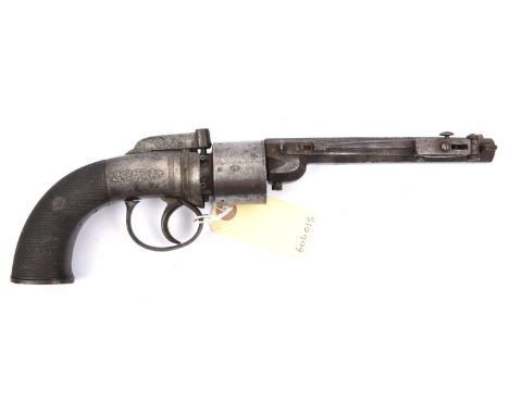 A 6 shot 54 bore self cocking bar hammer open frame transitional percussion revolver with spring bayonet,  12" overall, octag