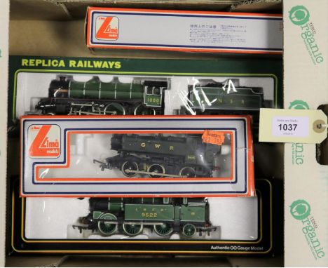 4x OO gauge railway locomotives. 2x Lima; an LNER Class J50 0-6-0T loco, 8920, in lined green livery. A GWR Class 57xx 0-6-0P