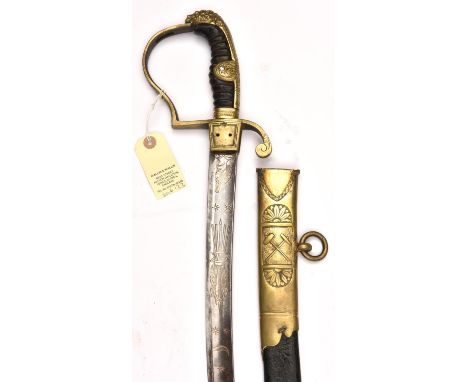 A mid 19th century Turkish cavalry officers sword, curved, fullered blade 33½?, clipped back at tip, deeply etched with trace