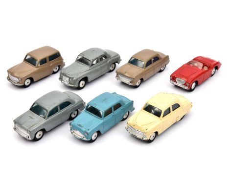 7x Corgi Toys cars. Ford Consul (200) in tan. Austin Cambridge (201) in light blue. Morris Cowley (202) in grey. Vauxhall Vel