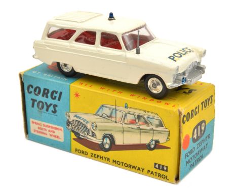 Corgi Toys Ford Zephyr Motorway Patrol (419). In white with red interior, POLICE to bonnet and rear door, small light to roof