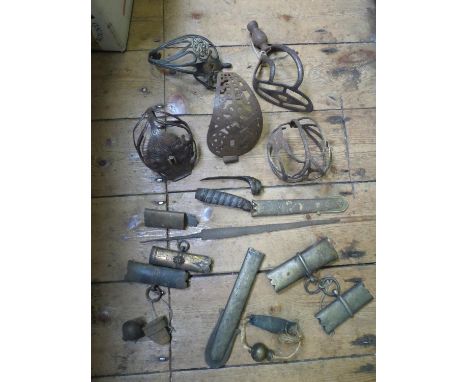 A small quantity of sword parts, including guards for small 17th C Scottish basket hilt (heavily pitted), 17th C mortuary typ