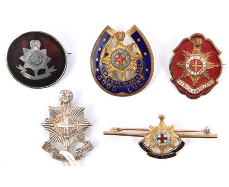 5 R Sussex Regt sweetheart items: nice quality 9ct enamelled badge on tie pin, small silver badge HM B'ham 1915, enamelled ba