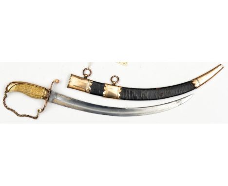 A naval dirk, c 1800, curved, fullered blade 13" DE towards point, brass flattened S shaped crossguard with prominent sideloo