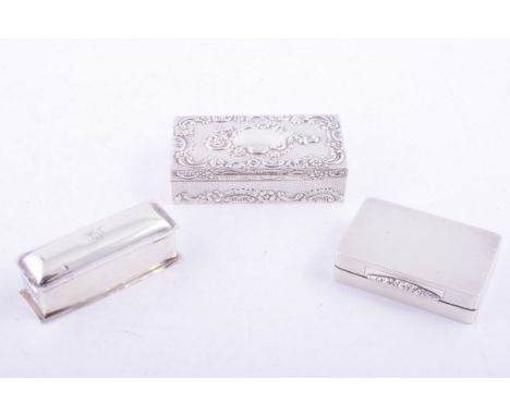 Edwardian silver oblong-shape pin box, Charles Henry Dumeris, London 1901, embossed decoration of scrolls and foliate, engrav