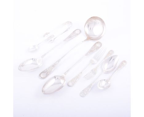 Victorian twelve place canteen of silver cutlery, Venetian pattern, Martin Hall & Co., London 1874, engraved initials, J.M., 