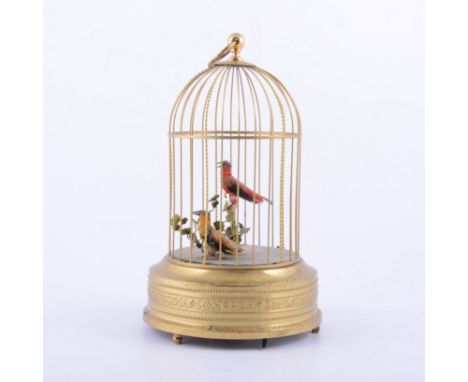 Gilt metal singing birds automaton, 1970s, gilt metal cage, winding mechanism, 30cm.