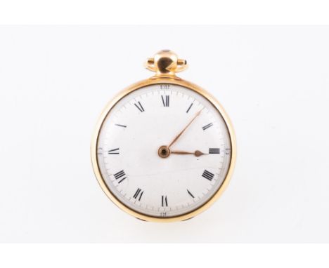 An 18 carat yellow gold open face pocket watch, 52mm white enamel dial with roman numeral chapter ring in a plain polished ou