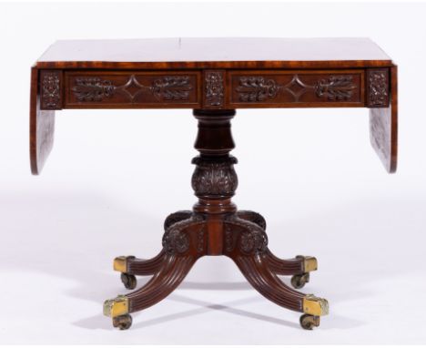 Regency mahogany pedestal sofa table, rectangular top with twin flaps, fitted two frieze drawers, applied anthemium mouldings