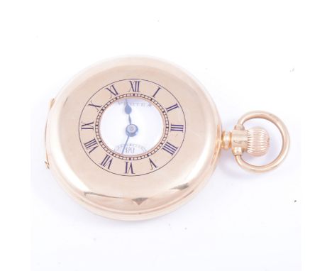 A 9 carat yellow gold demi-hunter pocket watch, 40mm white enamel dial marked Vertex with roman numeral chapter ring and seco