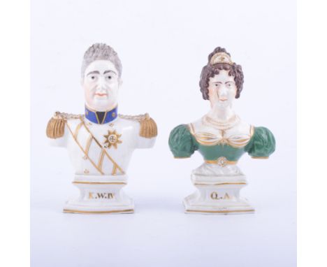 Pair of Staffordshire portrait busts, William IV and Adelaide, the King in Naval uniform, integral socles inscribed respectiv