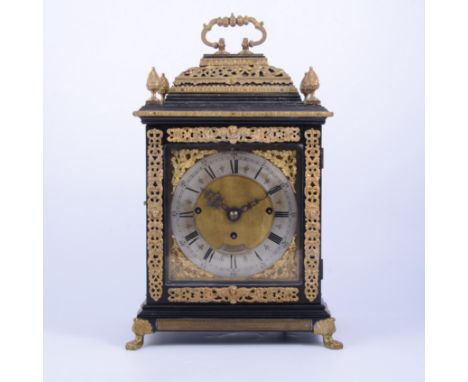 Victorian ebonised presentation bracket clock in Charles II manner, signed T. Shaw Wellington, square dial with silvered chap