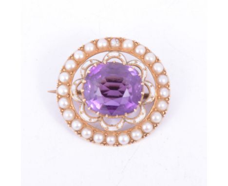 An amethyst and pearl brooch, the cushion shaped amethyst 11mm x 10mm having a white enamel scalloped border and outer frame 