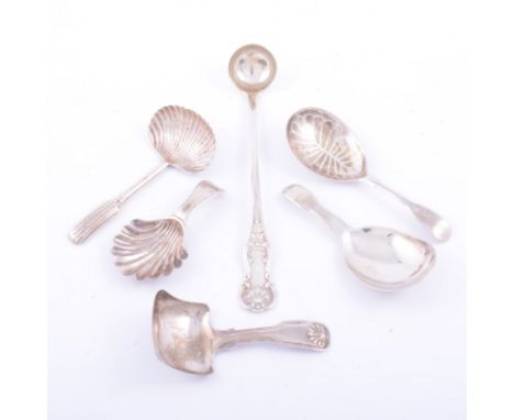 Small Victorian Scottish silver ladle, by William Clarke Shaw, Glasgow 1851, Queen's pattern; and a collection of five silver
