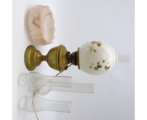 Victorian brass oil lamp with floral painted opaque shade & funnel H52cm (converted to electric), pale pink marble effect gla