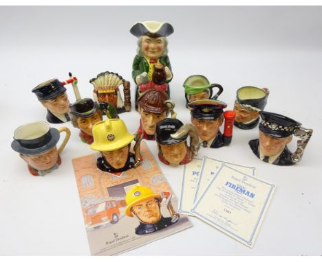 Collection of Royal Doulton character jugs comprising: The Policeman, The Fireman, The Postman (with certificates) The Sleuth