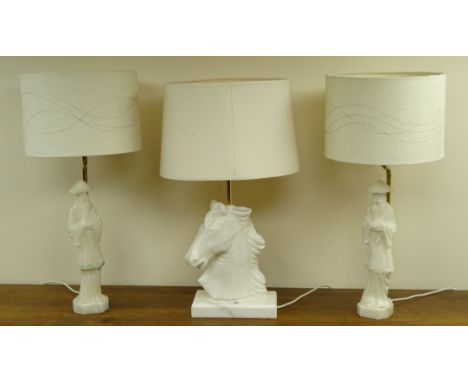 Pair carved alabaster table lamps modelled as Chinese sage figures (H66cm overall) and a similar alabaster Horse Head carved 