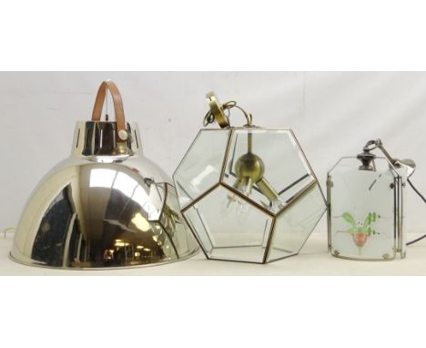 Industrial style pendant light fitting with leather strap handle by Next, H47cm, ten sided glass panelled bronzed light fitti