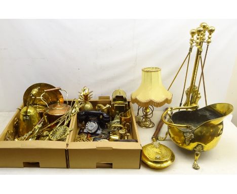 Collection of brassware incl pineapple shaped vessel, model of a greyhound, railway type lantern, small miners  'Park Mill So